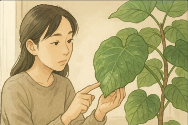 日本人女性がウンベラータの葉を裏返し、人差し指で粘りの有無を確認するように軽く触っている動作。自然光が差し込む室内で、葉の裏側をしっかり見せる構図。