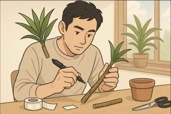 日本人男性が机の上でドラセナの茎をカットし、「上」と「下」を見分けるために油性ペンで印をつけている。横にはラベルシールや清潔な鉢、はさみが並ぶ。明るい日差しの入る作業シーン。