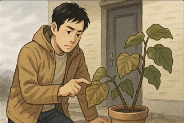 日本人男性が玄関先でウンベラータの葉を指で軽く触り、冷気でしおれた葉の状態を確かめている場面。外は冬の曇り空で冷たい空気感。