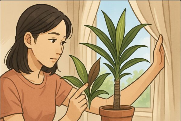 日本人女性がドラセナの葉を近距離で観察し、葉焼けの有無をチェックするため、正常な葉と茶色く焼けた葉を見比べるように指をそっと添えている場面。夏の日差しが強い窓を避けるためカーテンを調整する動作。