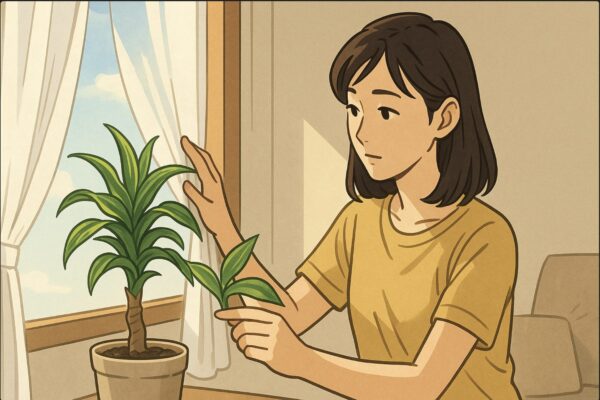 日本人女性がドラセナを窓辺に配置し、直射日光を避けるためにレースカーテンの位置を調整している。手でカーテンを軽く引きながら、ドラセナの葉色や光量を確認する動作。