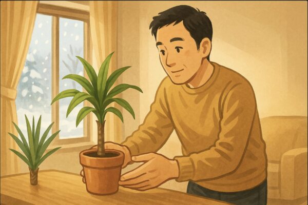 冬の室内で、日本人男性がドラセナを窓際から少し離した場所に移動させている。窓の外は雪景色で、暖房の温かい光に包まれたリビング。ドラセナを優しく扱う動作を強調。