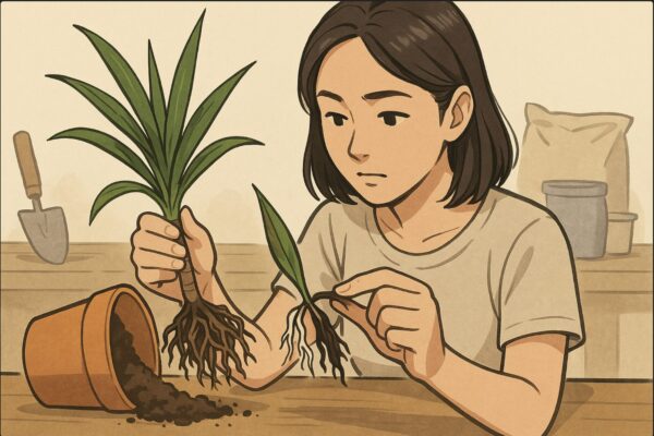 日本人女性がドラセナの鉢を横に倒して、根の状態を確認している。片手で根を持ち上げ、もう片手で白い根と黒ずんだ根を比較している。背景は作業台とガーデニング用品。