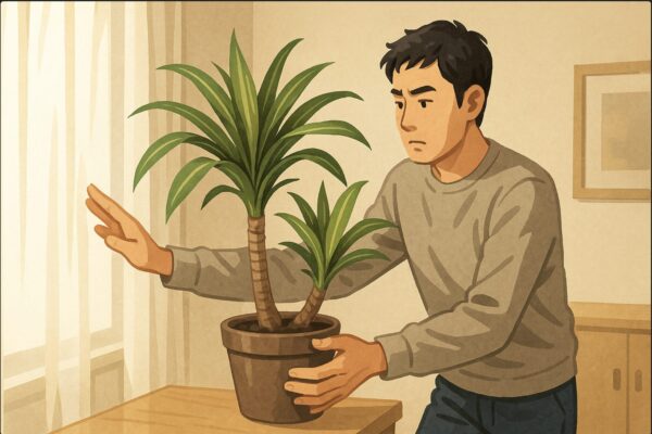 日本人男性がドラセナを室内の異なる場所に移動させ、光が当たる位置を探している場面。鉢を両手で持ち、置き場所を検討する動作が明確。