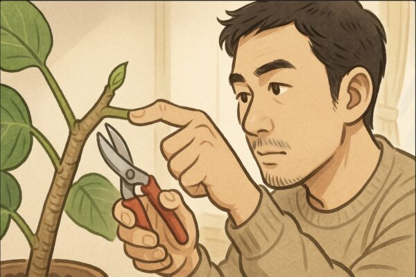 日本人男性がウンベラータの幹の脇芽を指で示しながら、その「数ミリ〜1cm上」にハサミを正しく当てている瞬間。脇芽の向きとカット位置を具体的に示す実践的な場面。