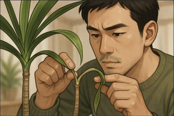 日本人男性がドラセナ・コンシンネの葉の付け根を指先でつまみ、しっかりしているかどうかを近距離で確認しているクローズアップ構図。片方の手で健康なツヤのある葉を持ち、もう片方でぐったりした葉の付け根を押さえ、顔を近づけて比較しているシーン。背景はぼかした室内。