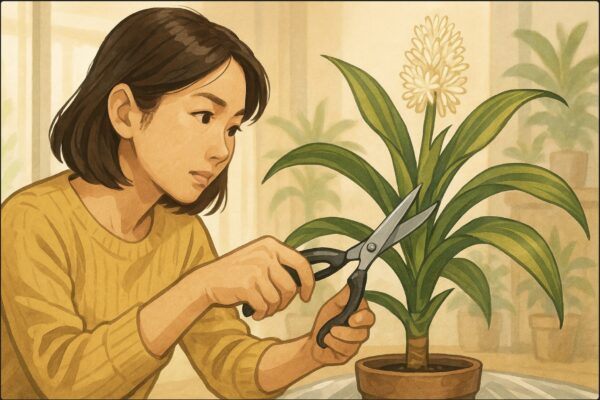 日本人女性がドラセナの葉の中心から伸びた花茎の付け根を、消毒済みの園芸バサミでスパッと切り取っている瞬間のクローズアップ。表情はためらわず、正しい位置で剪定している。背景は室内の観葉植物スペース。