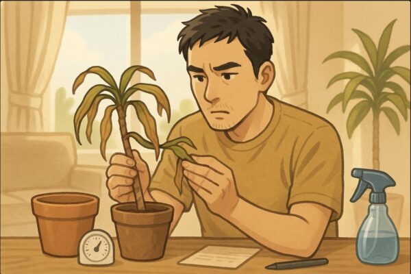 日本人男性がしおれたドラセナの茎を両手で持ち、葉のしわをじっと見つめている。横には乾いた鉢と霧吹き、湿度計が置かれている。日差しが差し込むリビングで、乾燥した空気感を演出。