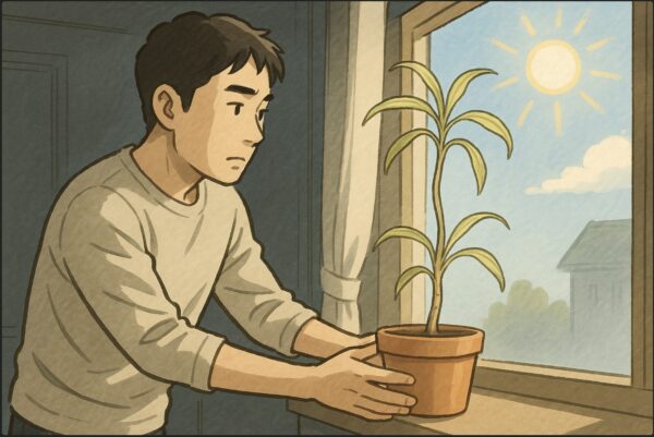 日本人男性がドラセナの鉢を窓辺に移動させようとしている場面。ドラセナの茎は細く、葉の色が薄くなっている。窓の外には晴れた空と太陽の光があり、室内はやや暗め。日照不足の改善を意識した動作。