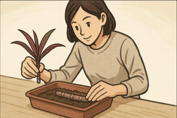 日本人女性が葉のないドラセナの茎を3〜5cmにカットし、浅いトレーの上に横向きに伏せて土を軽くかぶせる作業中。茎をそっと押さえる手元の動作や、節を意識して配置する様子が明確。