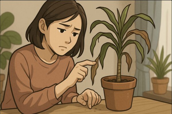 日本人女性がしおれたドラセナの葉を指でつまみながら、土の湿り具合を指先で確認している。少し不安げな表情で、鉢の状態を見つめている場面。背景に観葉植物と日陰のリビング。