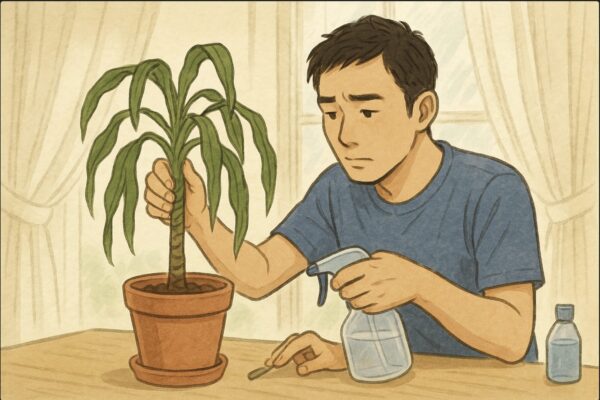 日本人男性が、葉が垂れ下がったドラセナを手で支えながら、水を与える直前の様子。背景にはレースカーテン越しの光が入り、鉢の周りに霧吹きが置かれている。