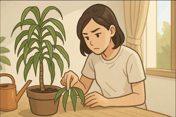 日本人女性がドラセナの鉢に指を入れて土の湿り具合を確かめている。横にはジョウロと霧吹き、窓際に柔らかい光。葉の垂れたドラセナを前に真剣な表情で原因を考える様子。