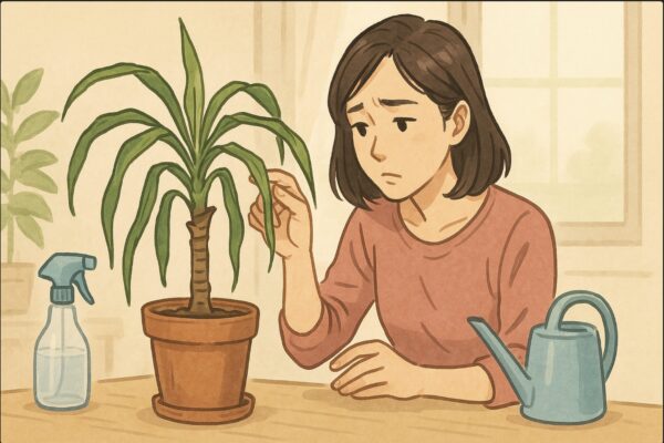 日本人女性がドラセナの葉先を指でそっと触り、しんなり垂れた葉の状態を確認している。近くに霧吹きやジョウロが置かれており、やや心配そうな表情。明るい室内。