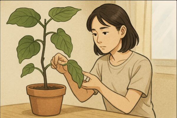 日本人女性がウンベラータの鉢を軽く持ち上げ、重さを確かめながら垂れ下がった葉を手で触って確認している場面。水切れと根腐れの判断をイメージ。