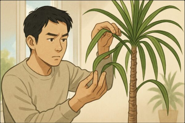 室内で、日本人男性がドラセナ・コンシンネの葉を左右2方向から見比べている。片方の葉はしなやかにアーチ状に垂れ、もう片方は付け根からぐったりしているのを手で持ち上げて確認している場面。男性は真剣な表情で角度を見極めている。背景は窓際の明るい場所。