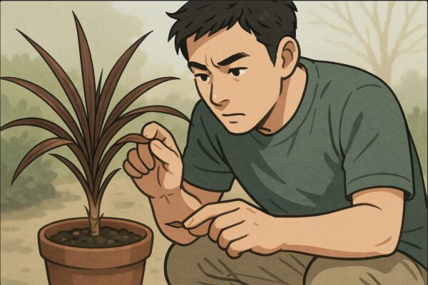 日本人男性がドラセナの葉の先端を指でつまみ、茶色くなった部分を近距離で確認している場面。根本の土にも手を伸ばし、湿り具合を確かめようとしている動作性の高い構図。