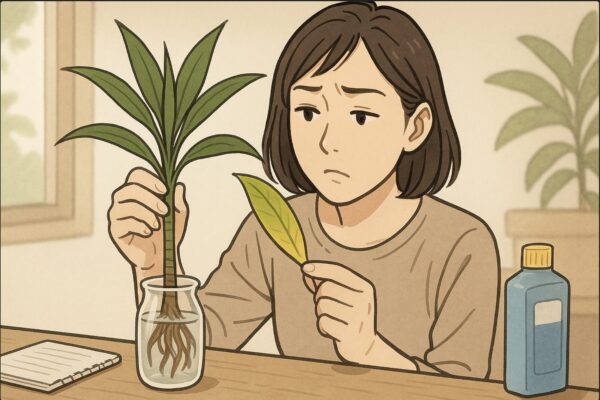 日本人女性がドラセナの葉を手に取り、緑の葉と黄色い葉を見比べて悩んでいる。背景にはメモ帳と液体肥料のボトルが置かれており、観察中の様子。