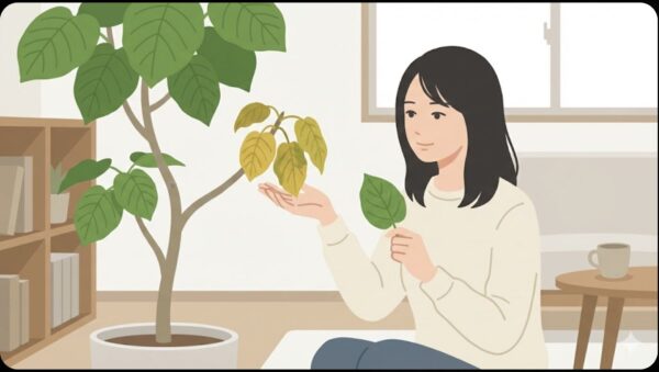 日本人女性がウンベラータの枝先から垂れ下がる黄色い葉を近くで観察し、別の緑の葉と色を比較する動作をしている。背景は落ち着いた室内。