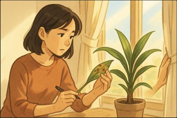 日本人女性が窓際で、茶色い斑点のあるドラセナの葉を手に取り、外の強い日差しを気にしてカーテンを少し閉めている。柔らかな日差しと植物の対比。