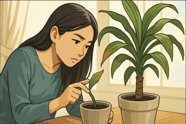 日本人女性がドラセナの鉢の土に指を差し込み、乾燥具合を確かめながら、葉先の茶色い部分を見つめている。明るい自然光が差す窓辺。