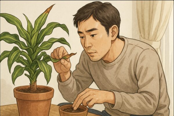日本人男性がドラセナの葉先の茶色く枯れた部分をつまみ上げて確認しつつ、もう片方の手で鉢の土の湿り具合をチェックしている。葉の状態と土の状態を同時に診断している場面。