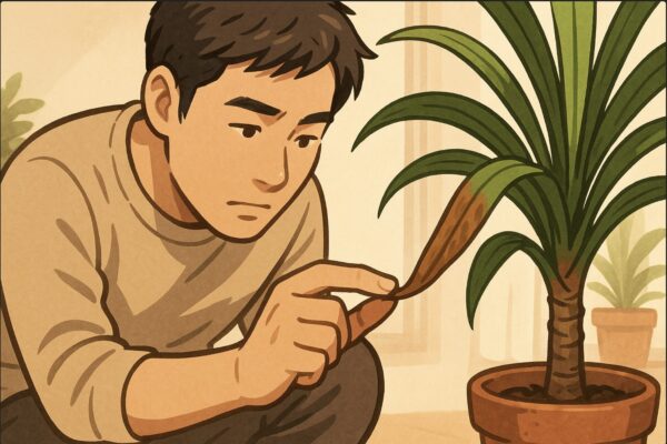 日本人男性がしゃがみ込み、ドラセナの葉先を指でつまみ、乾燥して茶色くなった部分を確認している。背景に植木鉢と窓からの自然光。近距離構図で葉の状態がよく見える。