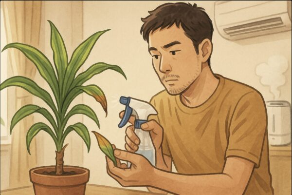 日本人男性がエアコンの風が当たる場所に置かれたドラセナの葉先を見て、霧吹きで葉に水をかけている。葉の先端が茶色く枯れている様子。背景にエアコンと加湿器が見える室内環境。