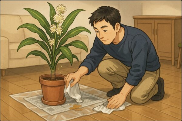 日本人男性がドラセナの下に新聞紙とビニールシートを敷き、葉や床に垂れた粘着質の蜜を布でふき取っている。花から蜜が落ちている様子がわかる構図。家具や床を守る作業シーン。