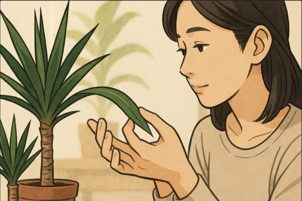 日本人女性がドラセナの葉を軽く指でつまみ、柔らかさを確かめている。隣にユッカの鋭い葉が見え、質感の違いが分かるように描写。手元にフォーカスした構図。