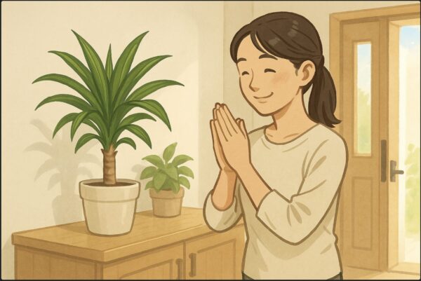 日本人女性が玄関の靴箱の上にドラセナを配置し、周囲の空気を整えるように手を合わせて微笑んでいる。背景には明るい玄関と光が差し込む扉。清潔で穏やかな雰囲気。