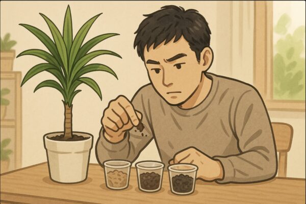 日本人男性がテーブルの上で複数種類の土を透明カップに分け、質感や粒の大きさを比べながらドラセナの鉢の前で考えている。室内のナチュラルな雰囲気。