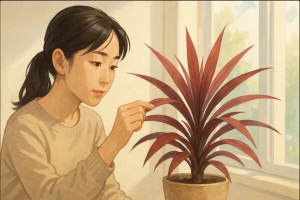 日本人女性が赤いドラセナの葉を1枚つまみ、葉色や張りを近距離で確認している場面。室内の明るい窓辺で、植物の基本状態をチェックする「観察」の動作を強調。