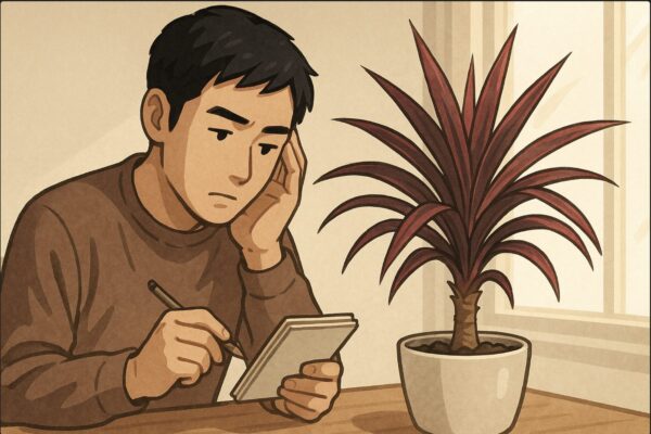 日本人男性がメモ帳を片手に持ち、赤いドラセナの根元や葉を眺めつつ「応用的ケアの計画を立てている」ようなシーン。植物を前にして考え込む動作を含む。