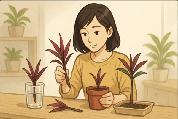 日本人女性が水挿し用の透明コップ・土挿し用の鉢・茎伏せ用の浅いトレーを机に並べ、それぞれに挿し穂をセットする準備をしている。手元で挿し穂を丁寧に持ち替えるアクションが明確。方法の違いが一目でわかる配置。