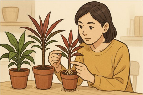 本人女性が2株のドラセナ（コルディリネ系とドラセナ系）を並べ、根の色や葉の幅などを手に取って比較している。片方の鉢を軽く持ち上げ、葉や根元を近距離で観察する具体的動作。背景は室内の明るい棚。