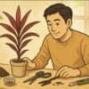 日本人男性が自宅の作業テーブルでドラセナ（赤いドラセナ）を前に、挿し木に使う清潔な道具（カッター・ハサミ）や用土を丁寧に並べ、これから作業を始めるように植物を見つめている。道具を確認する手元の動作が明確。明るい室内、植物作業の空気感。