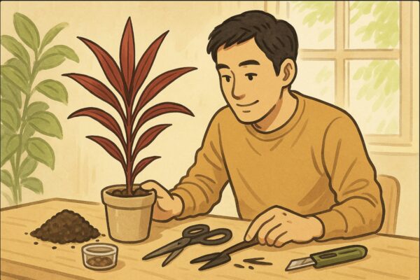 日本人男性が自宅の作業テーブルでドラセナ（赤いドラセナ）を前に、挿し木に使う清潔な道具（カッター・ハサミ）や用土を丁寧に並べ、これから作業を始めるように植物を見つめている。道具を確認する手元の動作が明確。明るい室内、植物作業の空気感。