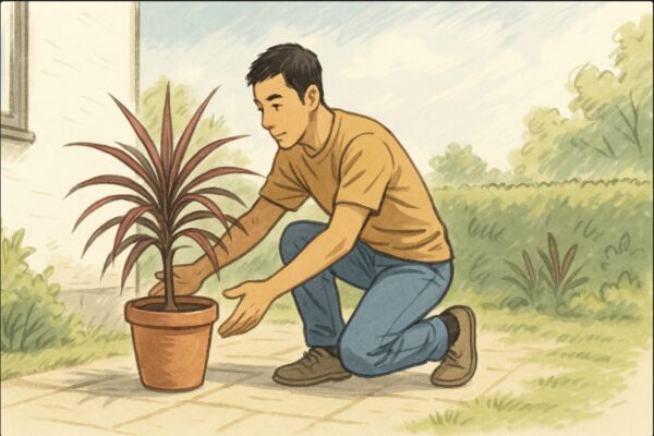 日本人男性が屋外のスペースでドラセナの鉢を適切な置き場所に移動させている場面。日当たりや風向きを気にして位置調整している様子を強調。