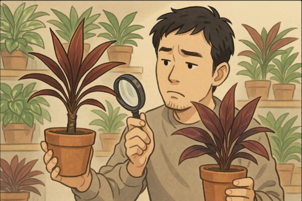 日本人男性が園芸店の棚で並んだ赤葉のドラセナを手に取り、隣の別種の赤葉植物と見比べるように首をかしげている場面。混乱して比較する動作を強調。