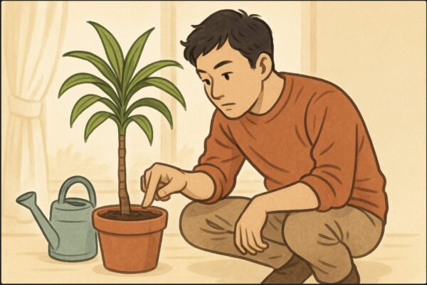 日本人男性がドラセナの鉢にしゃがみ、指で土を触って乾き具合を確かめている。隣にはジョウロがあり、水を与えるタイミングを見計らっている様子。背景には春の日差しの室内。土の質感とドラセナの健康的な葉が見える。