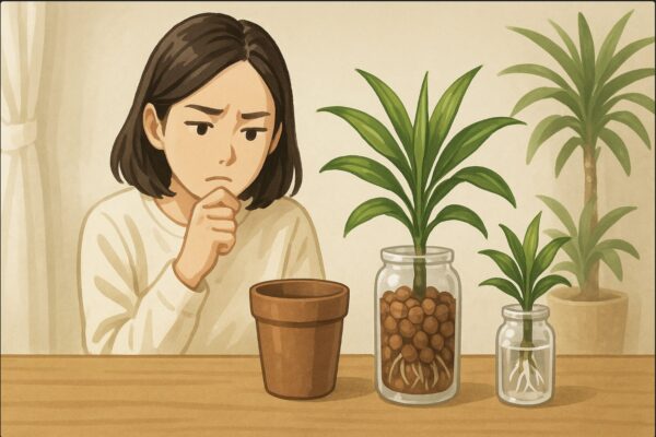 日本人女性がテーブルの上で、土栽培用の鉢、ハイドロボール入りの容器、水差しの3つを並べて比較している。真剣な表情でどれに植えるか考えている場面。