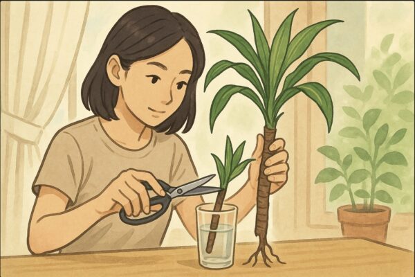 日本人女性が清潔なハサミでドラセナの幹をカットし、水の入った透明なコップに挿し穂を入れて発根を待つ場面。背景に明るい窓とグリーンの植物たち。