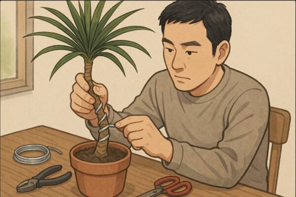 日本人男性がドラセナ・コンシンネの幹にアルミ線の針金を45度の角度で丁寧に巻き付けている。近くにペンチとハサミが置かれた作業テーブル。落ち着いた室内。