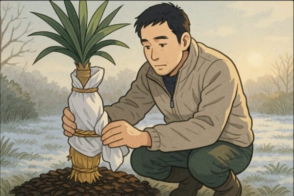 日本人男性がドラセナの幹をワラと不織布で優しく包んでいる。背景に霜の降りた庭と朝日。慎重な動作で防寒作業をしている様子。植物の根元にはマルチング材(バークチップ)が敷かれている。