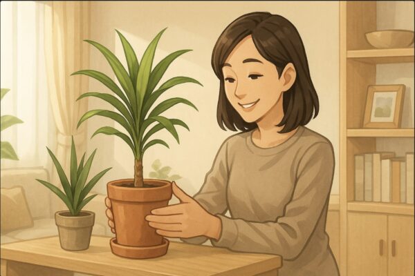 日本人女性がリビングの棚にドラセナを飾り、微笑みながら位置を整えている。背景には穏やかな光と整ったインテリア。心地よい空気感を感じさせる構図。