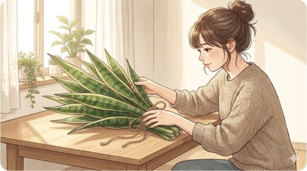 広がった葉を紐で縛る応急処置