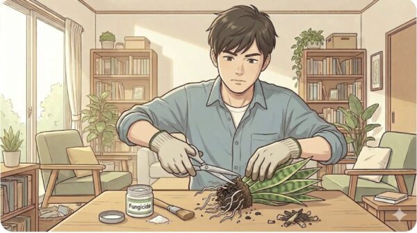 腐った根の切除と切り口の殺菌処理