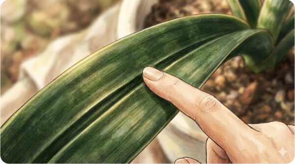 葉にある深い溝を確認する