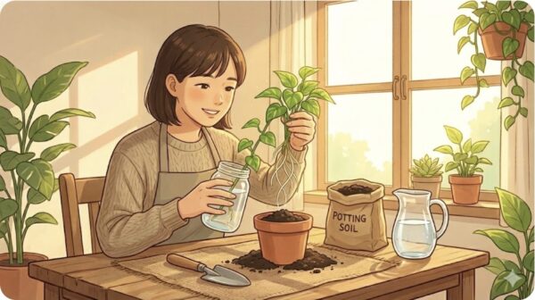 ポトスの水差しから土への植え替え